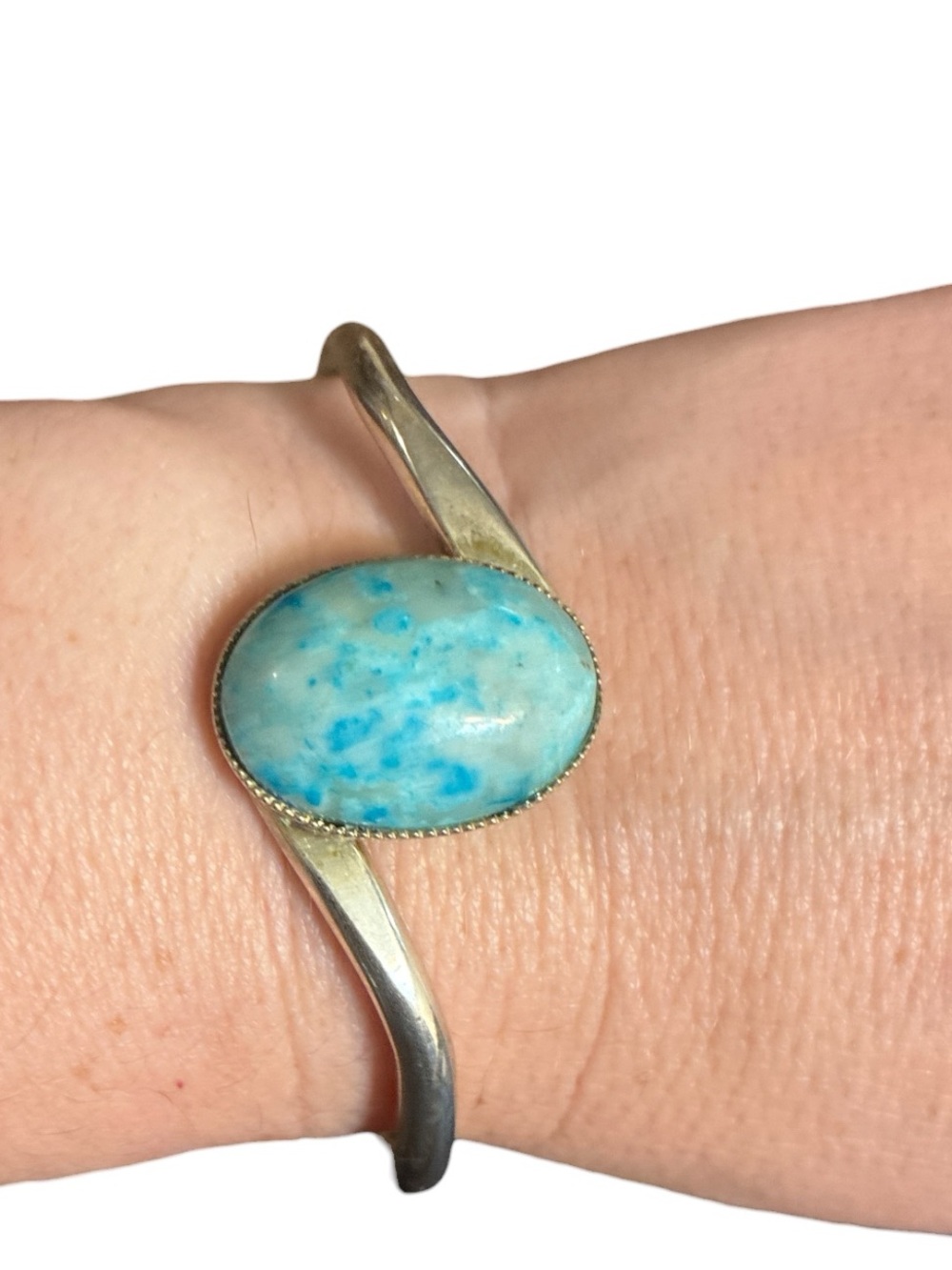 Silver Blue Larimar Stone Cuff Bracelet